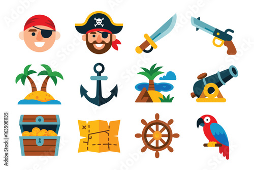 Collection of pirate themed icons and illustrations for adventure and treasure hunting