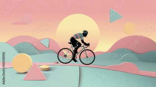 Cyclist riding on bicycle through pastel landscape with abstract shapes - Concept of bucket list, lifestyle, wanderlust  