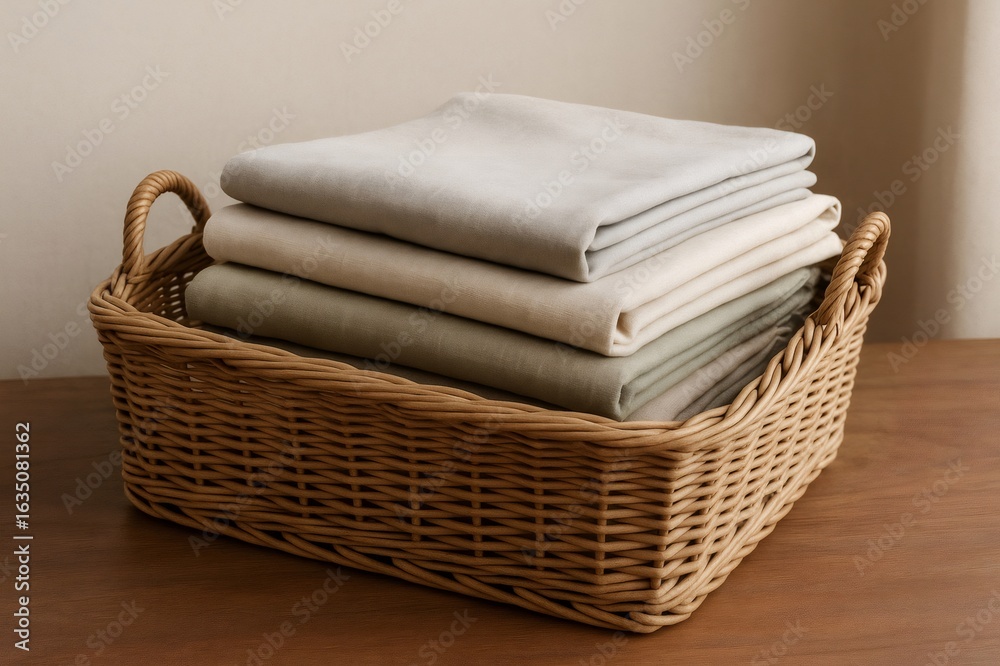 Obraz premium Wicker basket sits on a wooden surface, brimming with neatly folded linen sheets in soft, muted colors, evoking a sense of calm and organization