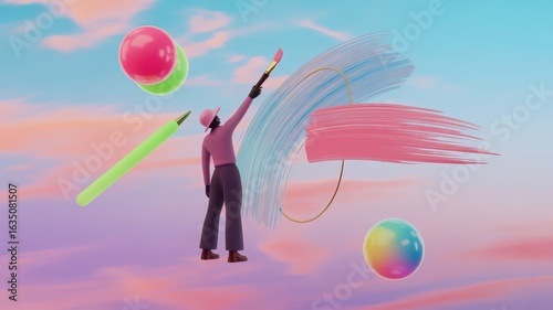 Digital artist painting colorful abstract shapes against pastel sky  