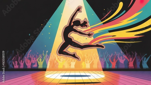 Dancer jumping joyfully in spotlight surrounded by cheering crowd  