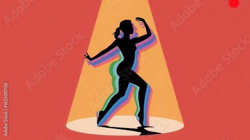 Silhouette of a woman dancing under colorful spotlight on red background  