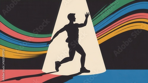 Silhouette of a man running under a spotlight with colorful stripes - Concept of bucket list, lifestyle, wanderlust  