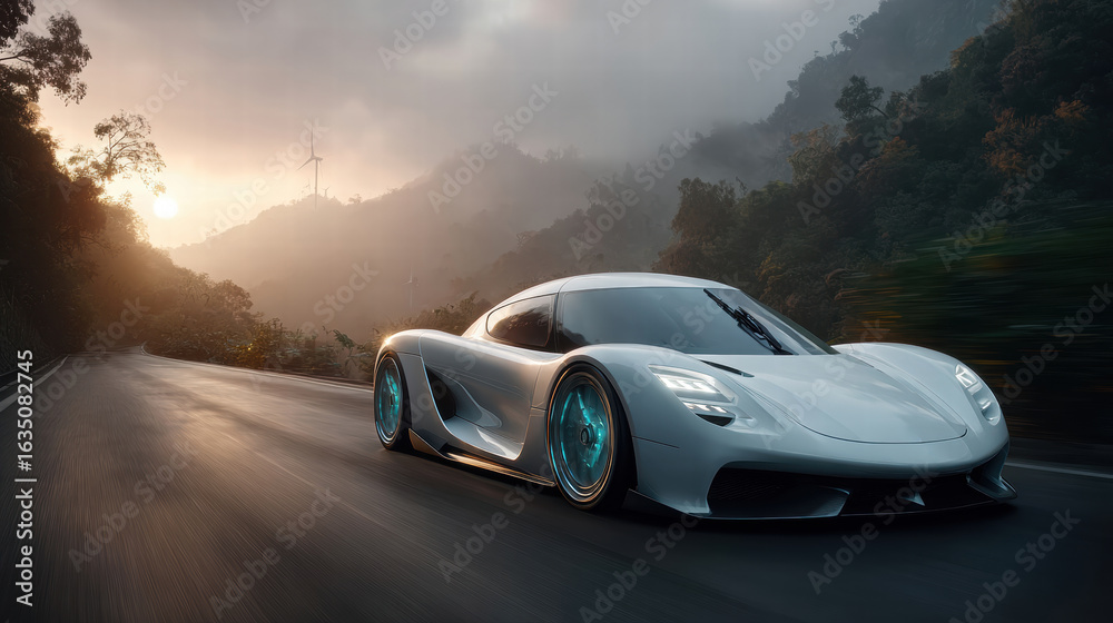 Fototapeta premium futuristic electric car driving on a road with wind turbines