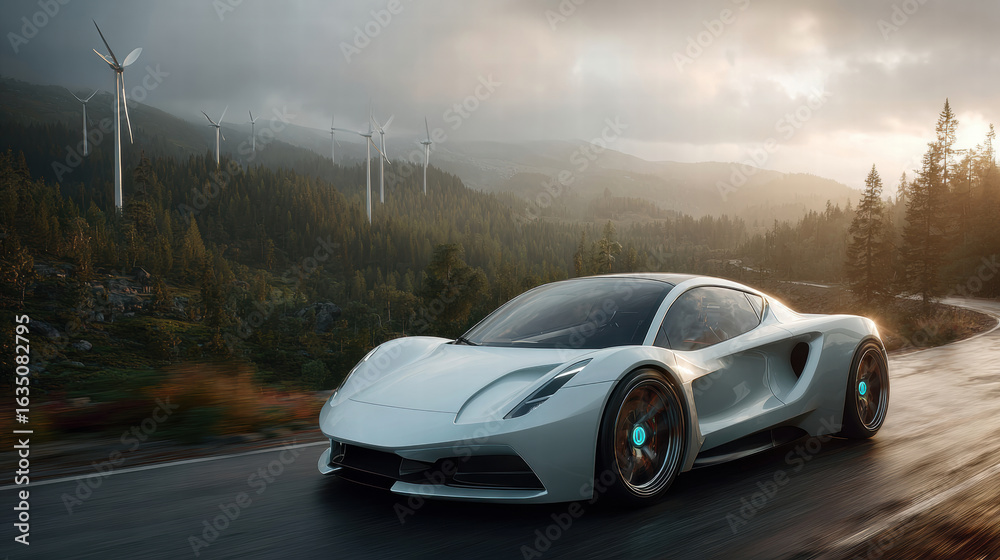 Fototapeta premium futuristic electric car driving on a road with wind turbines