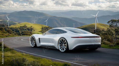 futuristic electric car driving on a road with wind turbines
