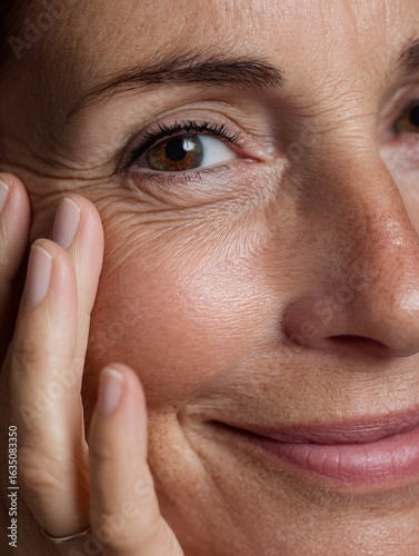 Mature woman softly caressing face, highlighting age etched lines radiating warmth and life experience