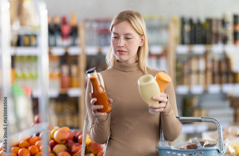 Φωτογραφία Young woman buyer doubts and hesitates, chooses ketchup or mayonnaise sauce in supermarket