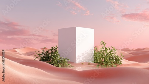 Desert sunset display; blank cube mockup, product presentation