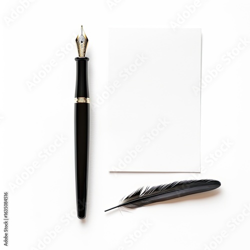 Blank notecard, fountain pen, feather, white background; stationery mockup