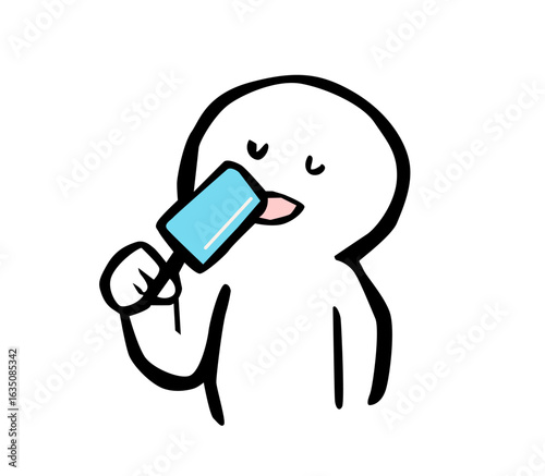 ソーダ味のアイスを食べる棒人間　筆絵