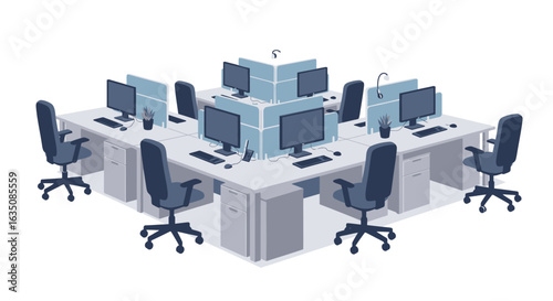Isometric illustration of a modern open-plan office environment featuring multiple empty workstations with computers and ergonomic chairs.