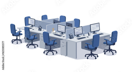 A clean and organized open-plan office environment featuring several empty cubicles with computers and blue chairs.