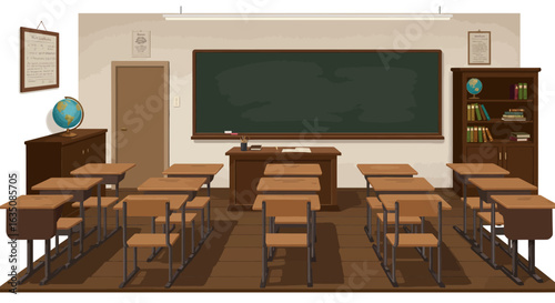 An illustration of a traditional empty classroom with rows of wooden desks, a chalkboard, and a teacher's desk, awaiting students.