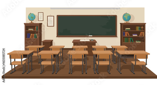 A traditional empty classroom featuring rows of wooden desks and chairs, a large chalkboard, and bookshelves with globes.