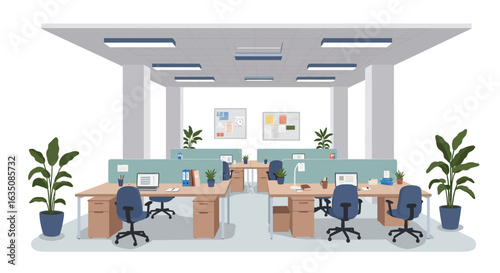 An empty, modern open-plan office space featuring multiple workstations, office chairs, and green potted plants, rendered as a clean vector illustration.