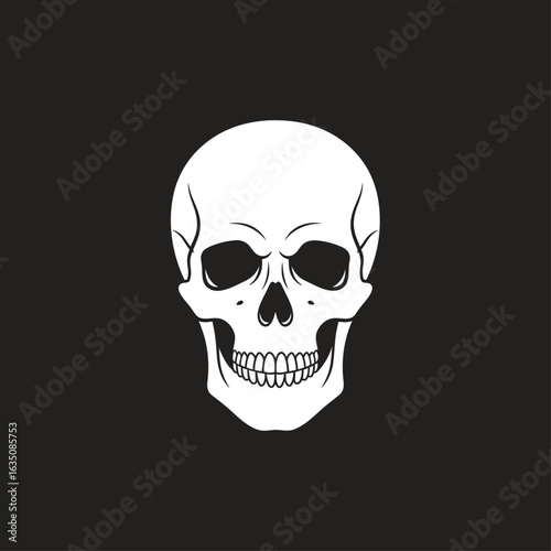 A stark white skull with empty eye sockets and visible teeth is centered against a solid black background.