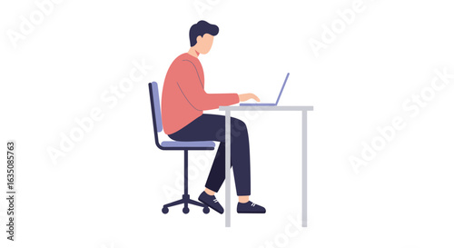 An illustrated man with a hunched posture sits at a desk, typing on a laptop.