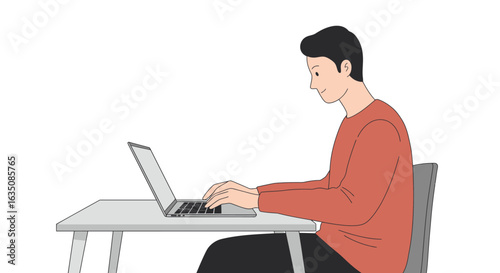 A side profile illustration of a young man with a focused expression, sitting at a desk and typing on a laptop computer.