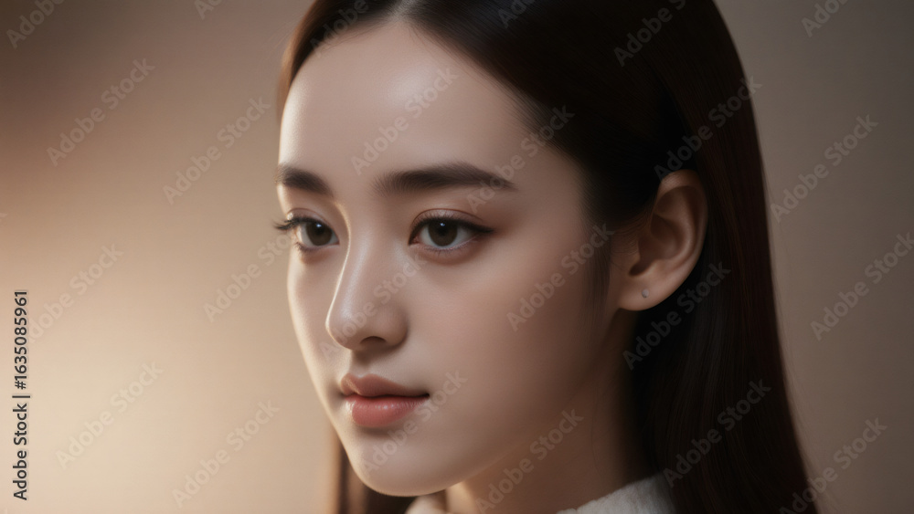Naklejka premium Portrait of a young Asian woman with natural makeup in soft lighting 