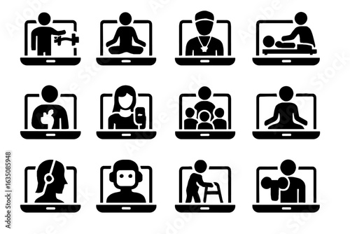 Icon trainer influencer yoga group vector rehabilitation virtual icons expert coach meditation