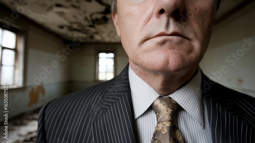 Professional man with a serious expression standing in a dilapidated room with peeling paint and exposed surfaces