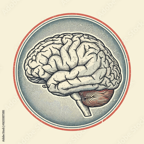 Detailed illustration of a human brain, side view, in a circular frame.