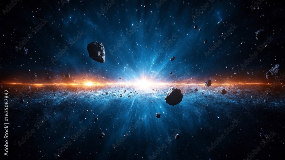 Naklejka premium A breathtaking view of an expansive cosmic scene depicting brightly glowing stars, asteroids, and vibrant cosmic energy in deep space