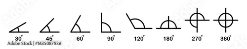 Geometry Angle Icons Set – 30° to 360° Degree Illustrations Vector