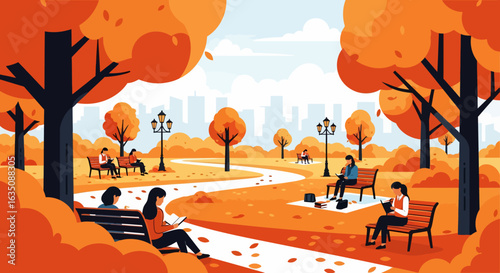 Autumn Park Scene with People Reading and Studying