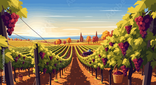 Autumnal Vineyard Landscape with Ripe Grapes and Tractor Harvesting