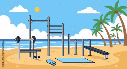Beachside Fitness Equipment with Palm Trees and Sunny Sky Illustration