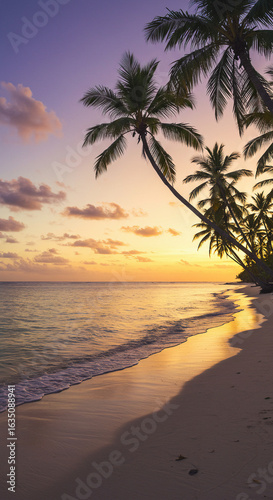 Sunset at a Tropical Beach with Palm Trees and Calm Waves