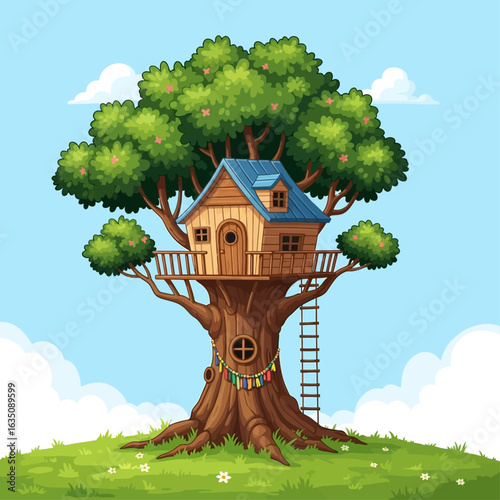 A whimsical illustration of a treehouse nestled in a large, leafy tree on a sunny day.