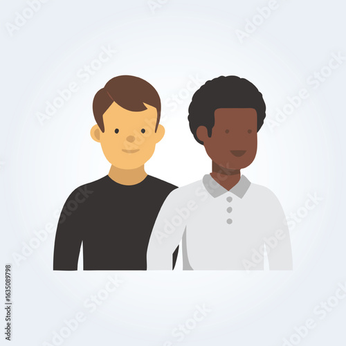 A character illustration of a black man and a white man standing together