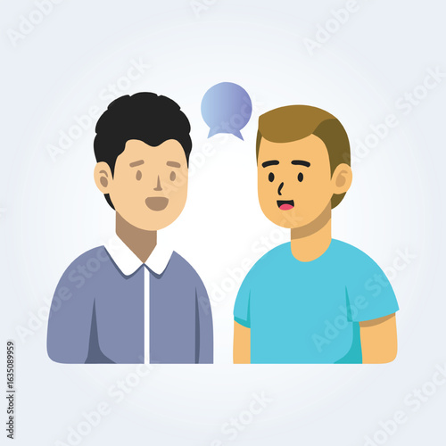 A character illustration of a black man and a white man, chatting