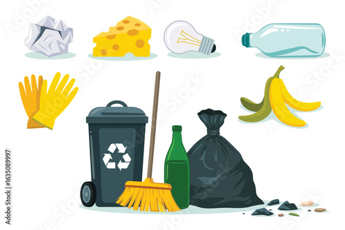 Collection of household waste items and recycling bin for disposal and cleanup