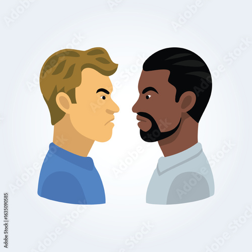 A character illustration of a black man and a white man with angry faces