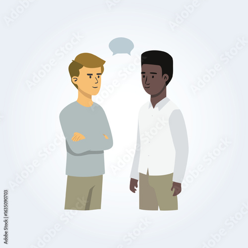 A character illustration of a black man and a white man talking