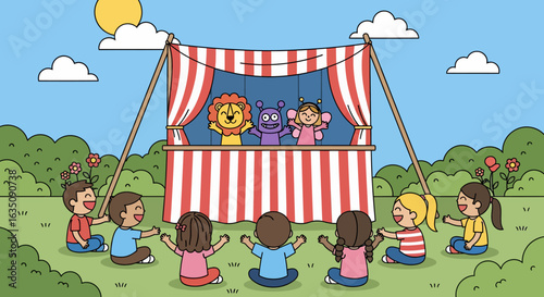 Cheerful Children Enjoying a Puppet Show with Smiling Lion, Monster, and Fairy