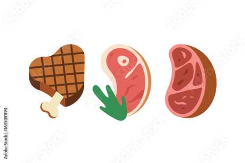 Three different cuts of raw beef steak with seasoning and bone