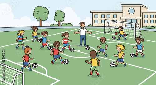 Children Playing Soccer with Coach on Green Field, School in Background