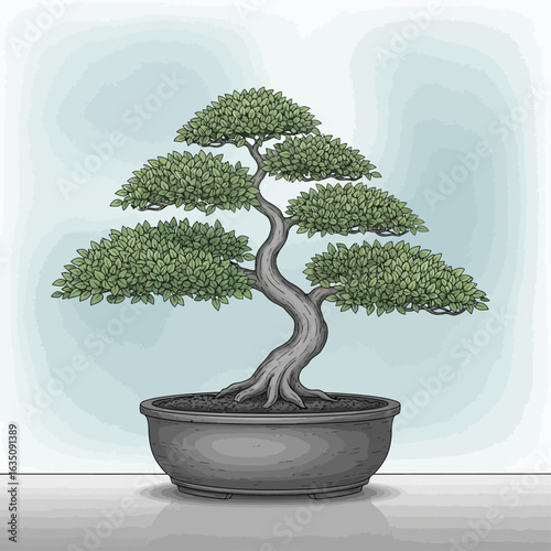 A meticulously styled bonsai tree sits in a grey pot, showcasing its carefully shaped trunk and foliage.
