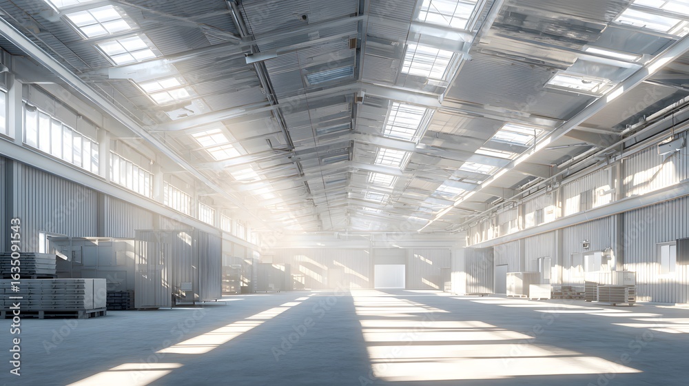 Obraz premium Interior of a large industrial warehouse with sunlight streaming through roof windows.