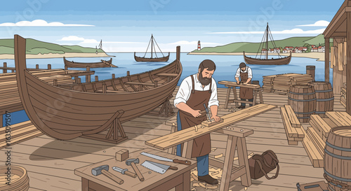 Coastal Shipyard Scene: Skilled Craftsmen Building Viking Longships