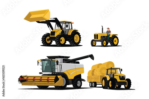 Farm equipment including a combine harvester front loader tractor and small tractor with hay bales