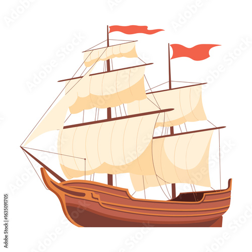 Historic wooden sailing ship with full sails and red flags