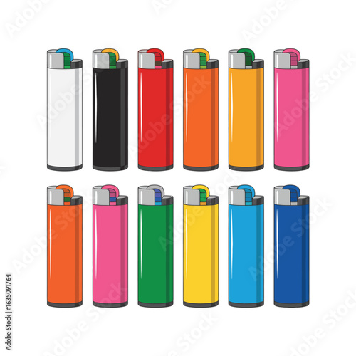Collection of colorful disposable lighters arranged in two rows