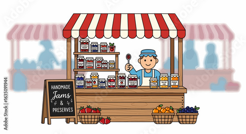 Colorful Handmade Jams and Preserves Stall with Smiling Vendor and Fresh Fruit