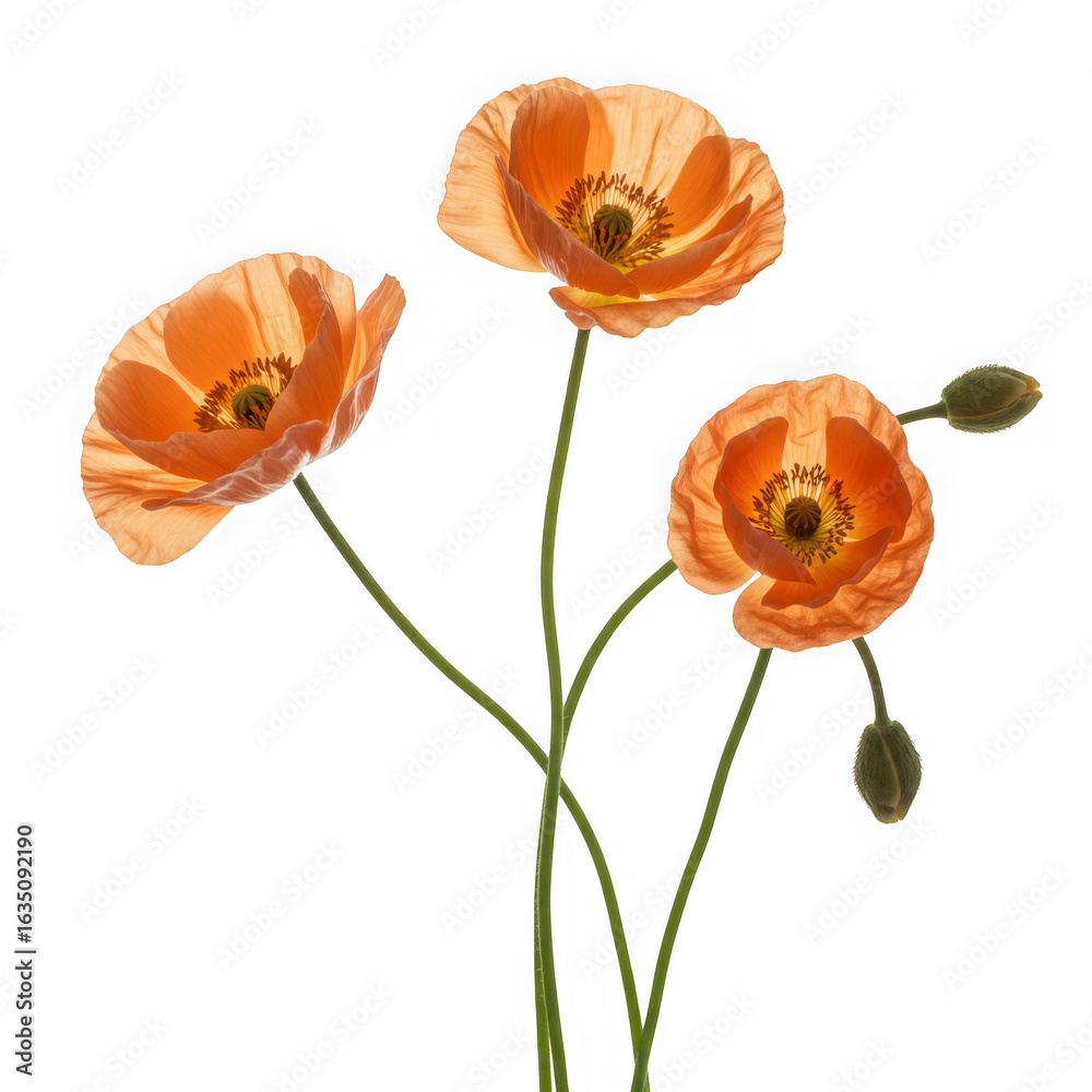 Obraz premium Three orange poppies with buds isolated on transparent background